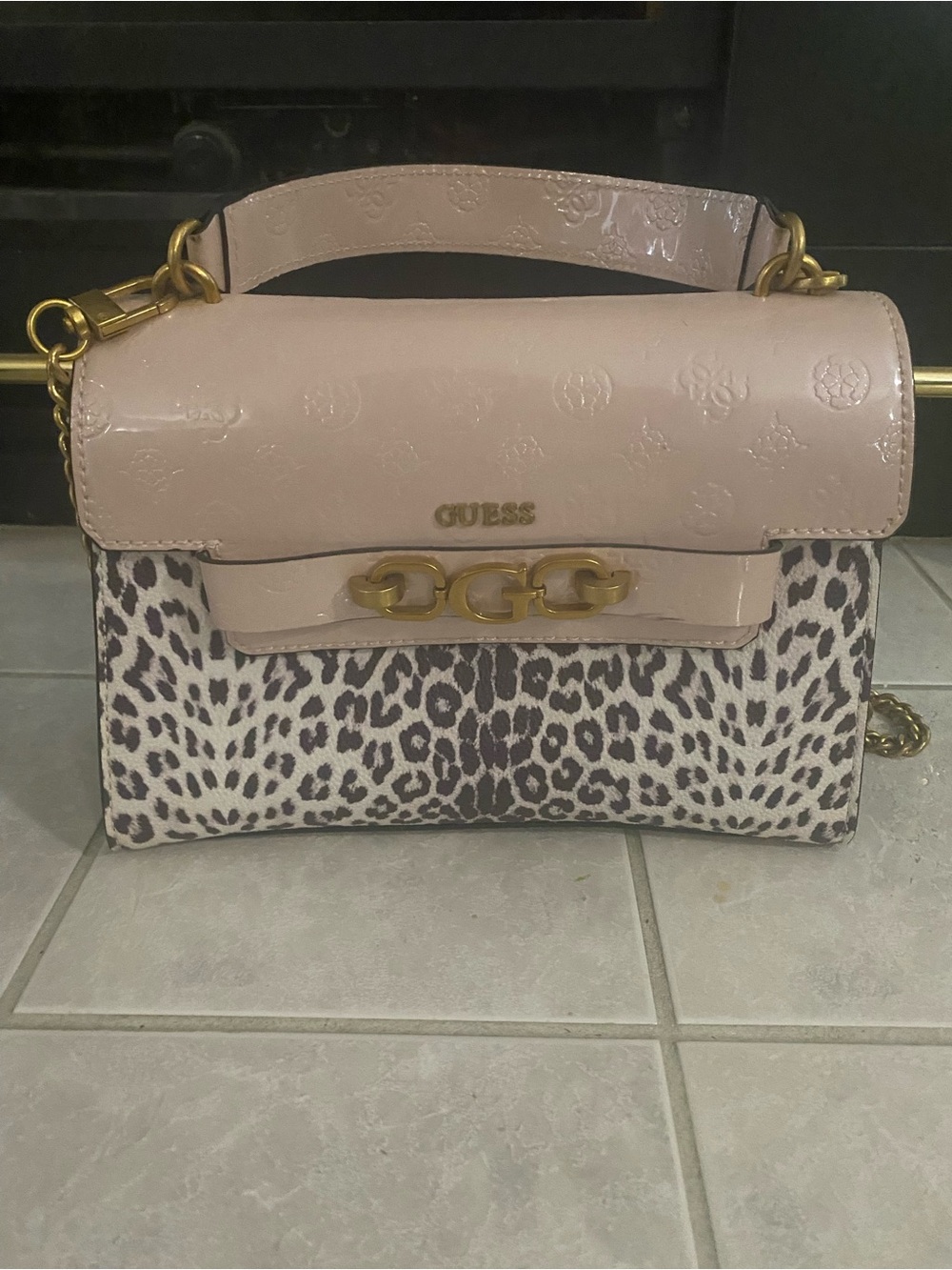 Guess Pink Leopard-Accent Shoulder Bag with Gold Hardware